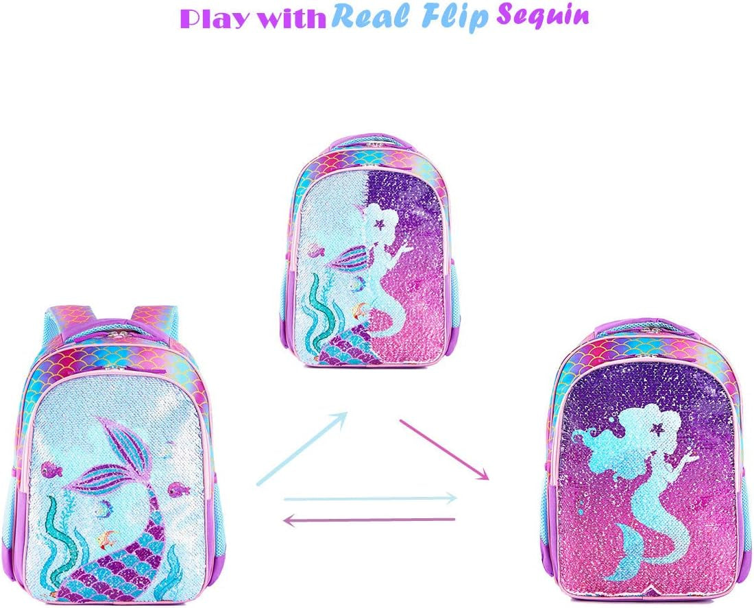 Reversible Sequin School Backpack Lightweight Little Kid Book Bag with Lunch Bag Set for Preschool Kindergarten Elementary(15", Mermaid with Lunch Bag)