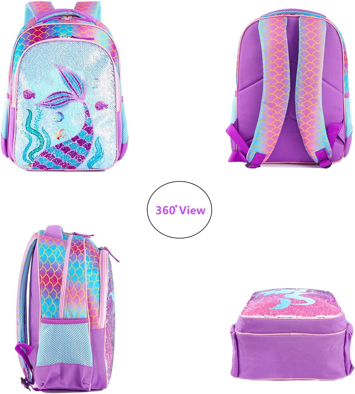 Reversible Sequin School Backpack Lightweight Little Kid Book Bag with Lunch Bag Set for Preschool Kindergarten Elementary(15", Mermaid with Lunch Bag)