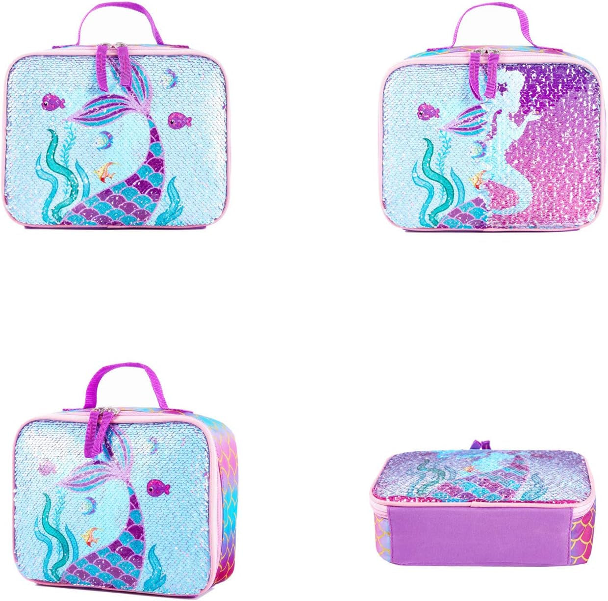 Reversible Sequin School Backpack Lightweight Little Kid Book Bag with Lunch Bag Set for Preschool Kindergarten Elementary(15", Mermaid with Lunch Bag)