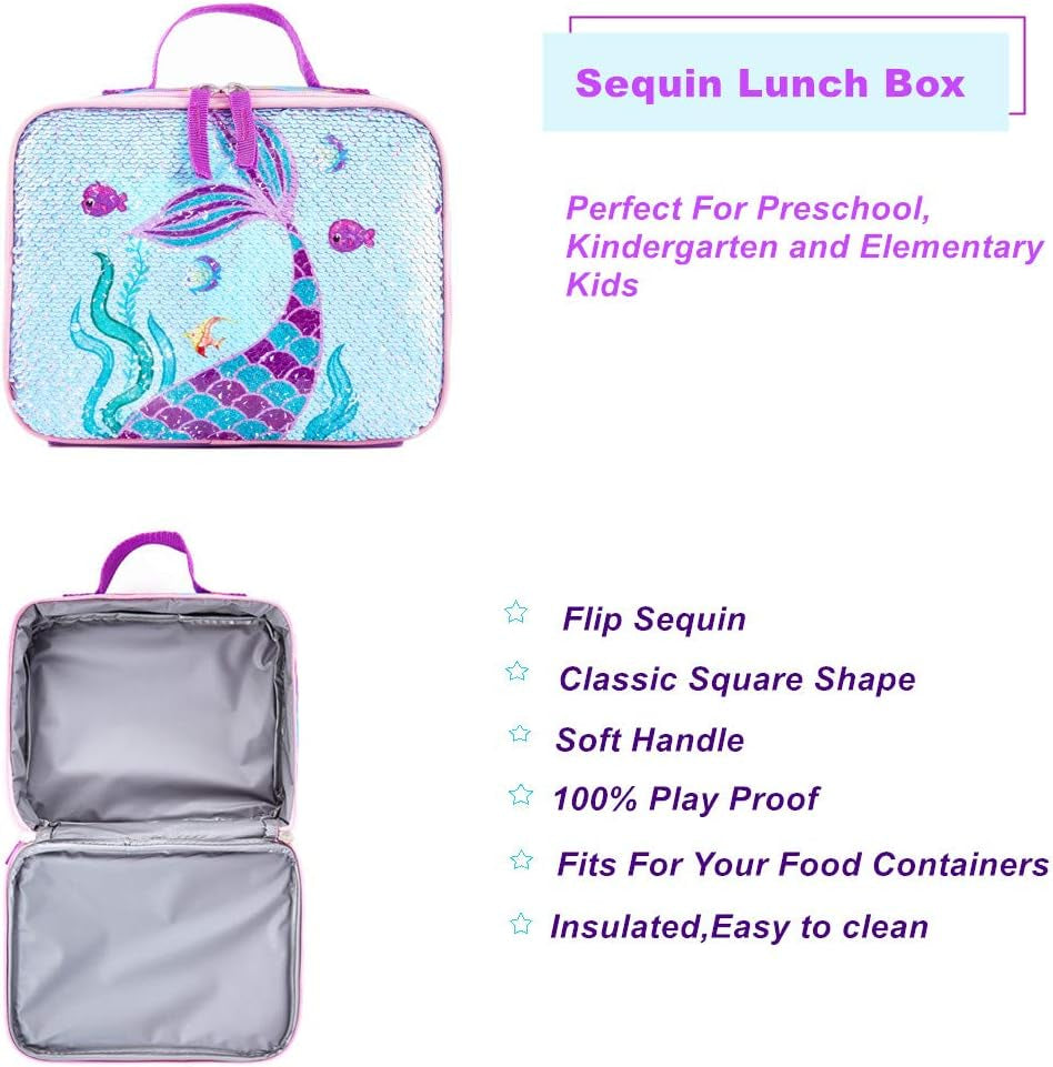 Reversible Sequin School Backpack Lightweight Little Kid Book Bag with Lunch Bag Set for Preschool Kindergarten Elementary(15", Mermaid with Lunch Bag)