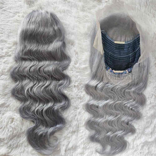 Pre Plucked Brazilian Virgin Lace Front Wigs 180% Density Grey Body Wave Human Hair Wigs for American Women 13X4 Deep Space Lace 14 Inch