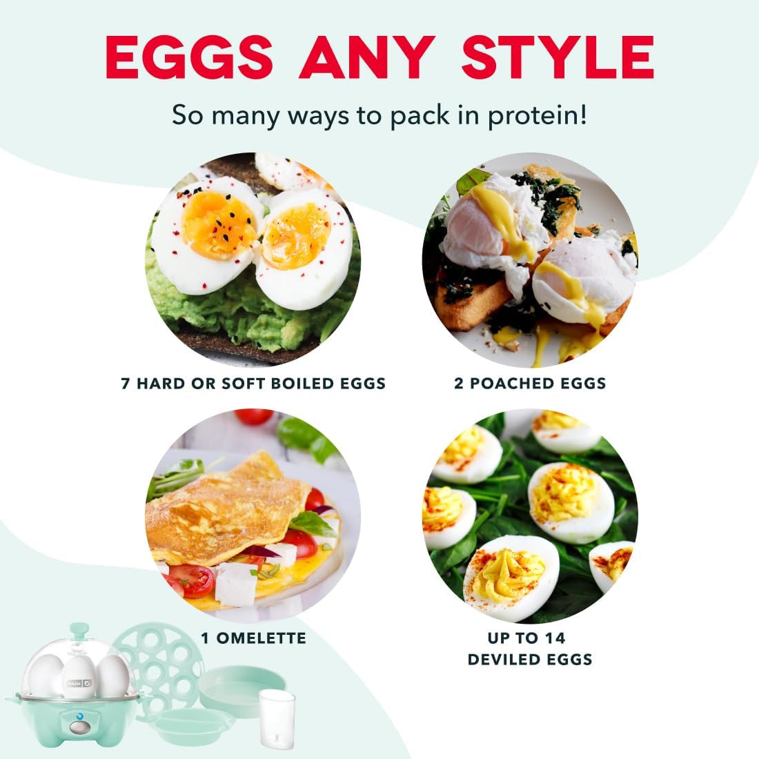 Dash Rapid Egg Cooker, 7 Hard Boiled Eggs, Aqua | Electric Egg Poacher