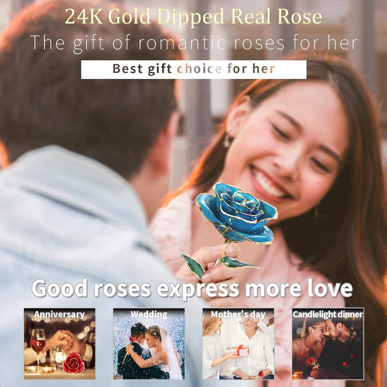 Romantic Rose Gift for Her,Eternity Gold Rose Flower 24K Gold Dipped Rose and Romantic Gift for Her Rose,Skyblue with Stand