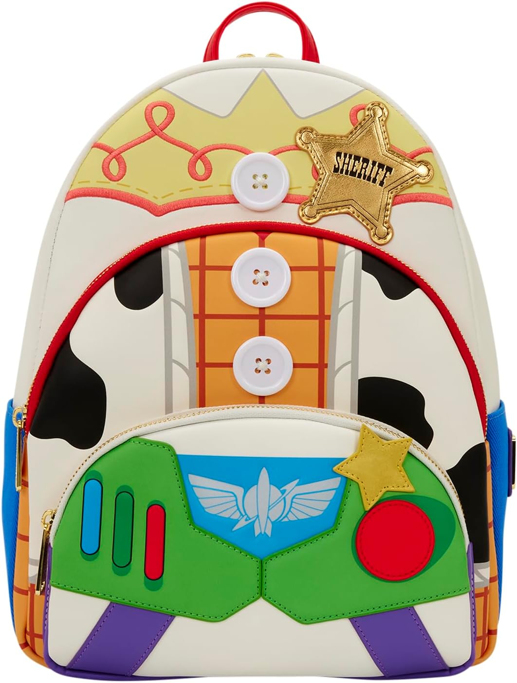 Loungefly Disney: Pixar - Toy Story 5 - to Infinity and Beyond - Woody, Jessie and Buzz Lightyear - Printed Denim Trim Triple Pocket Mid-Size Backpack – Gift for Kids & Adults – Collectible Bags