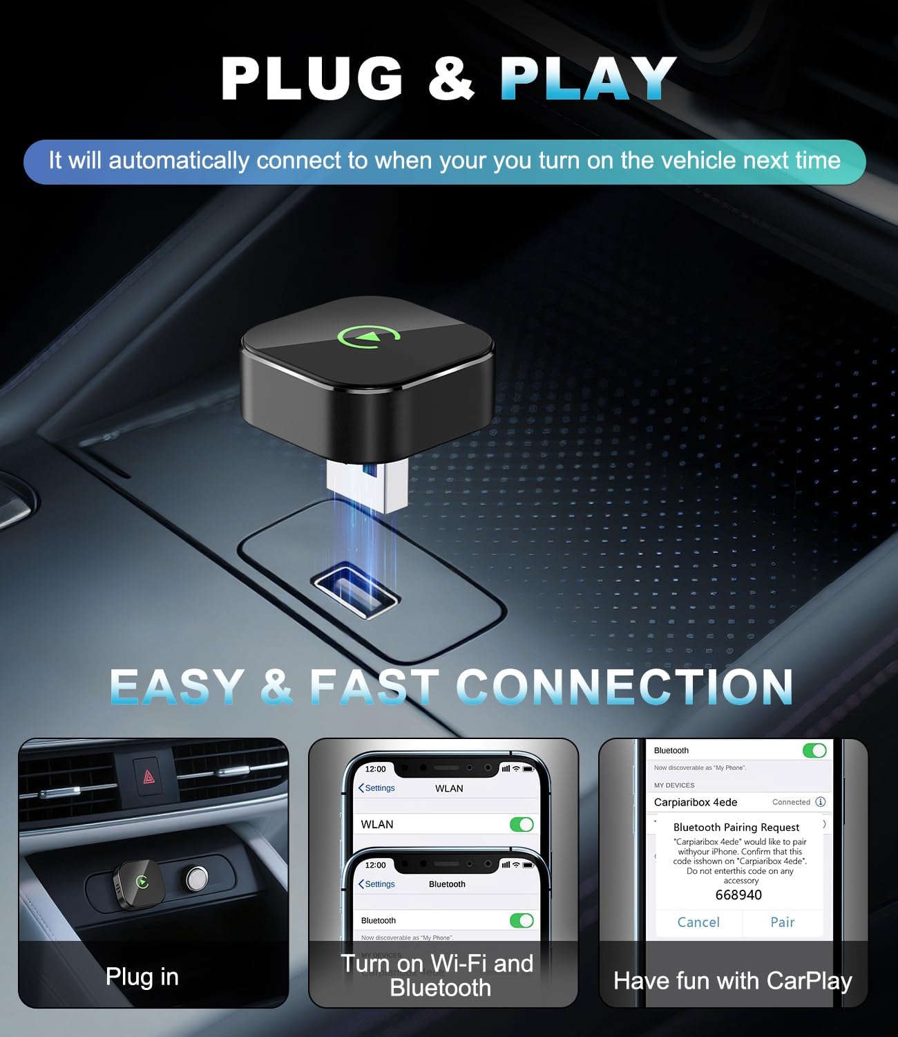 2026 Wireless CarPlay Adapter for Apple, Convert Wired to CarPlay Wireless Adapter, USB-C/Type-C Design, Plug & Play, Car Play Dongle Stick Only for Apple Wired CarPlay Cars & for iPhone iOS 10+