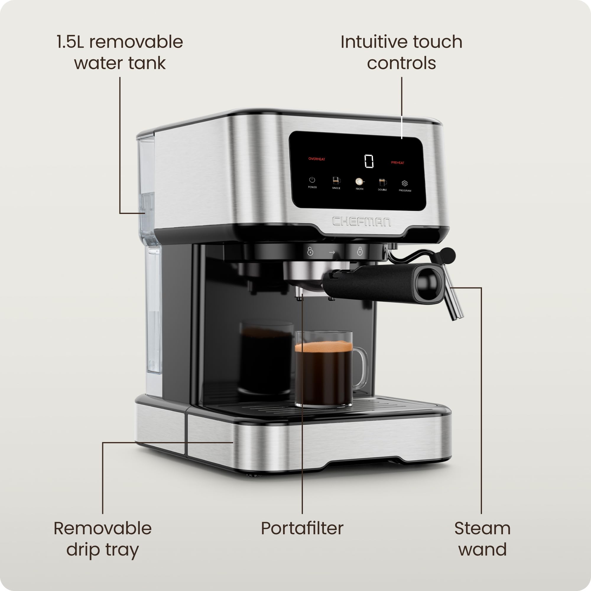 Chefman Crema Supreme 15 Bar Espresso Machine with Milk Frother