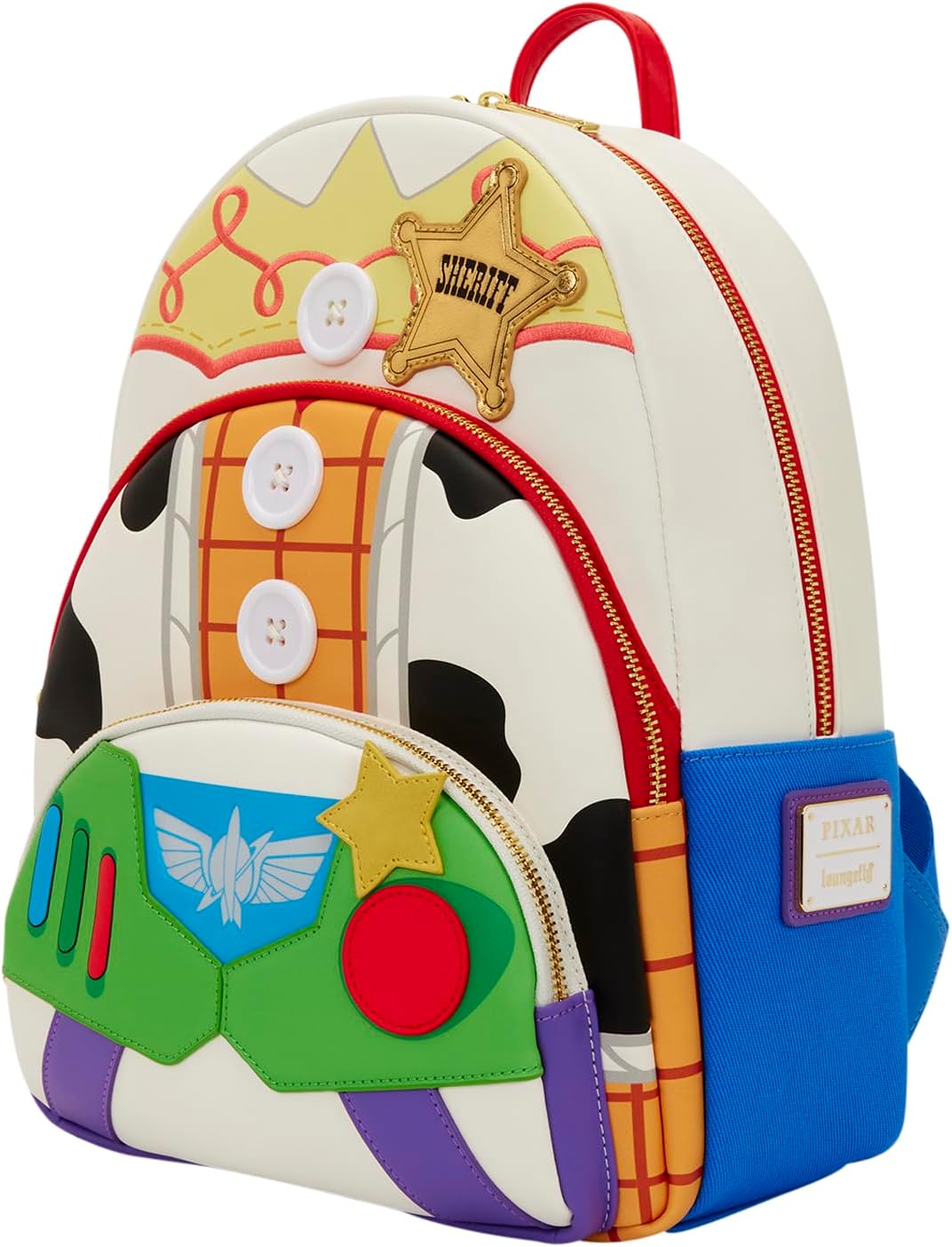 Loungefly Disney: Pixar - Toy Story 5 - to Infinity and Beyond - Woody, Jessie and Buzz Lightyear - Printed Denim Trim Triple Pocket Mid-Size Backpack – Gift for Kids & Adults – Collectible Bags