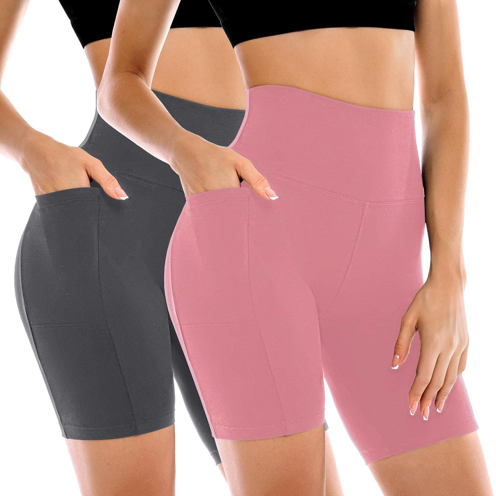 Leafigure 2 Pack Womens Biker Shorts with Pockets 6" | High Waisted, Tummy Control, Running, Gym, Workout, Yoga Shorts