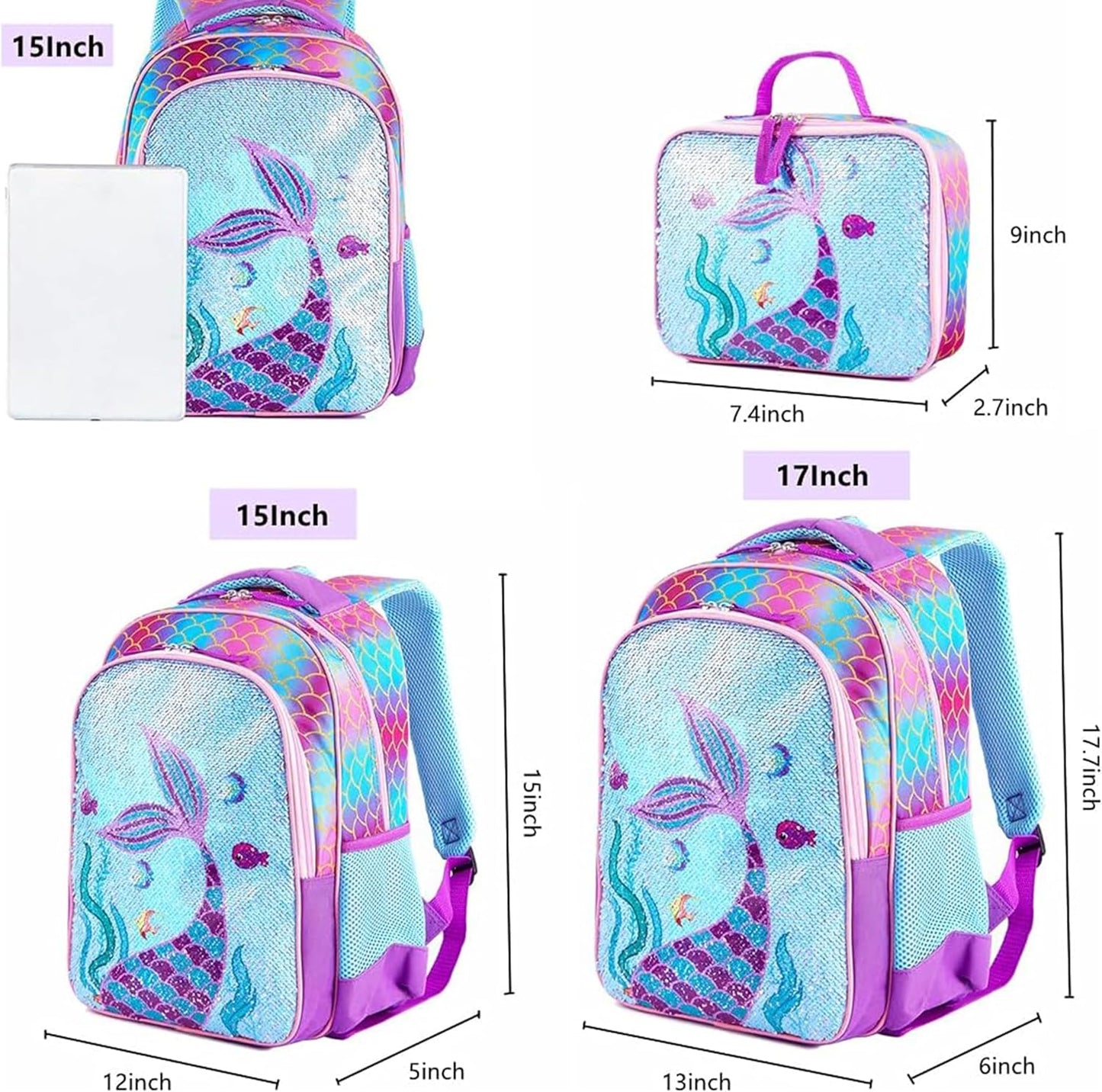 Reversible Sequin School Backpack Lightweight Little Kid Book Bag with Lunch Bag Set for Preschool Kindergarten Elementary(15", Mermaid with Lunch Bag)