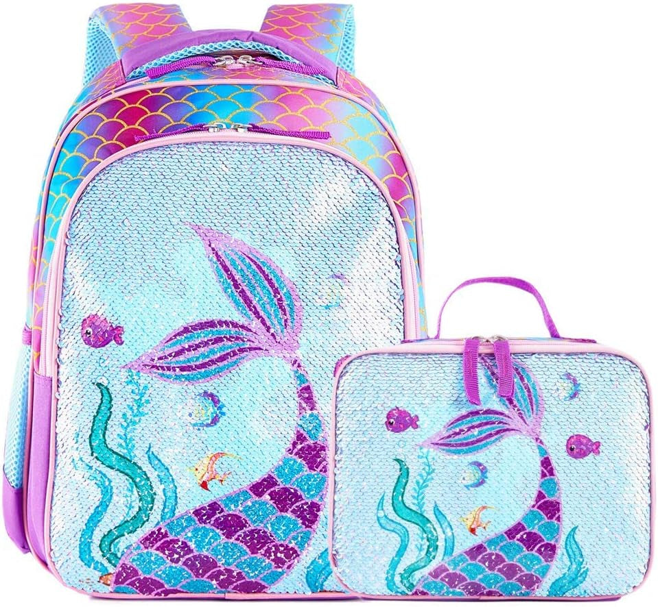 Reversible Sequin School Backpack Lightweight Little Kid Book Bag with Lunch Bag Set for Preschool Kindergarten Elementary(15", Mermaid with Lunch Bag)
