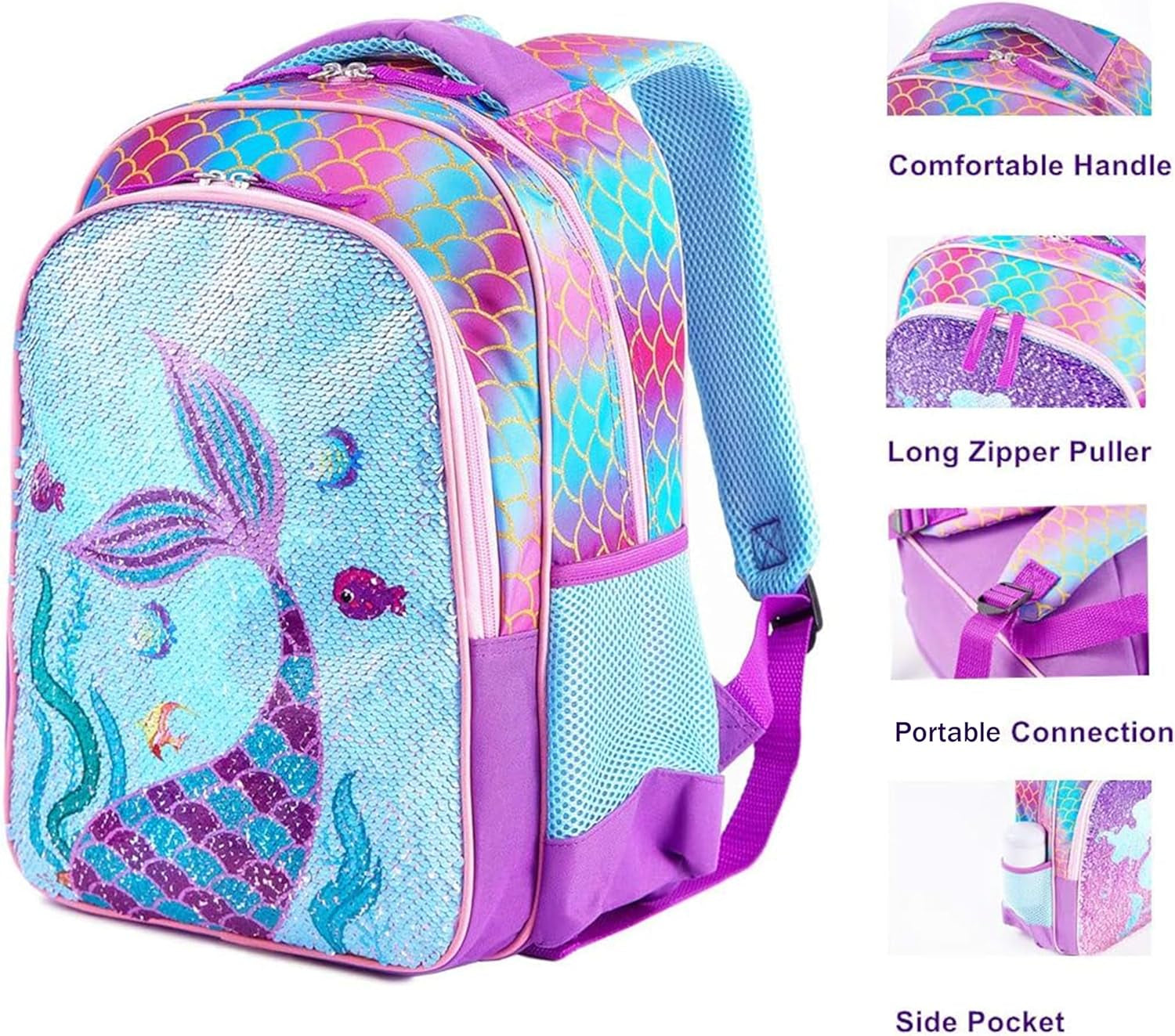 Reversible Sequin School Backpack Lightweight Little Kid Book Bag with Lunch Bag Set for Preschool Kindergarten Elementary(15", Mermaid with Lunch Bag)
